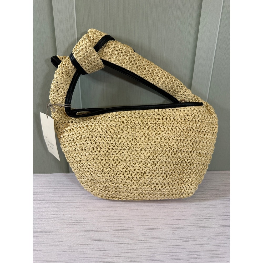 A New Day Women Straw Knotted Handle Hobo Bag Beige Black Trim Zip Top New